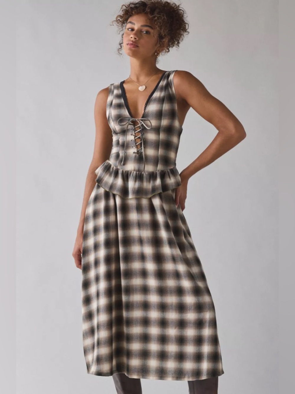 UO Perfectly Plaid Lace-Up Ruffle Midi Dress
